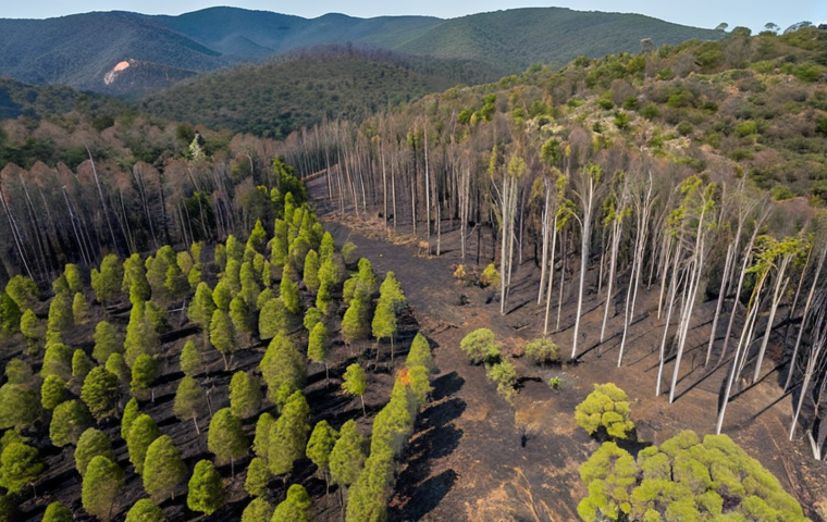 **A drone's-eye view of Parque Natural das Serras de Aire e Candeeiros after a wildfire, showcasing reforestation efforts with native species. Focus on the contrast between the burnt areas and the new growth, emphasizing the conservation work.** (Keywords: drone, aerial, wildfire, reforestation, Parque Natural das Serras de Aire e Candeeiros, conservation, native species, Portugal, landscape)