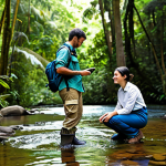 A team of two professional conservationists, one male and one female, both in their 30s, wearing modest, practical outdoor gear (khaki shirts, durable pants, hiking boots), fully clothed, appropriate attire, professional dress. They are positioned in a lush, vibrant rainforest. The male figure operates a high-tech drone that hovers above them, capturing aerial imagery. The female figure is kneeling by a clear stream, gently deploying a small, discreet IoT sensor into the water. The background features dense, healthy foliage, tall trees, and a distant, clean river. Sunlight filters through the canopy, creating a peaceful, natural atmosphere. Professional photography, high detail, sharp focus, natural light, perfect anatomy, correct proportions, well-formed hands, proper finger count, natural body proportions, safe for work, appropriate content, family-friendly, modest clothing.