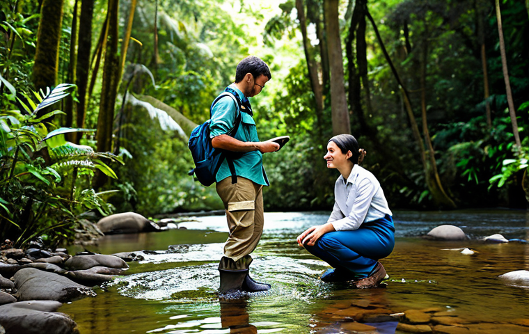 A team of two professional conservationists, one male and one female, both in their 30s, wearing modest, practical outdoor gear (khaki shirts, durable pants, hiking boots), fully clothed, appropriate attire, professional dress. They are positioned in a lush, vibrant rainforest. The male figure operates a high-tech drone that hovers above them, capturing aerial imagery. The female figure is kneeling by a clear stream, gently deploying a small, discreet IoT sensor into the water. The background features dense, healthy foliage, tall trees, and a distant, clean river. Sunlight filters through the canopy, creating a peaceful, natural atmosphere. Professional photography, high detail, sharp focus, natural light, perfect anatomy, correct proportions, well-formed hands, proper finger count, natural body proportions, safe for work, appropriate content, family-friendly, modest clothing.