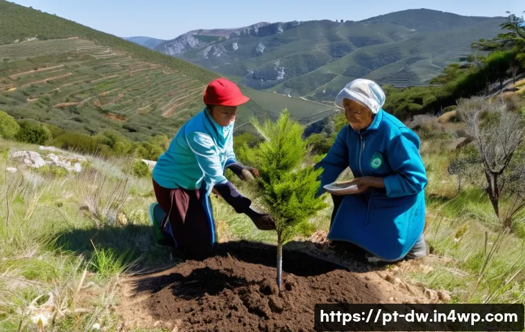 자연보호구역 자원 관리의 최선 사례 - **Community Reforestation in a Portuguese Natural Park:**
    "A vibrant scene depicting a diverse g...