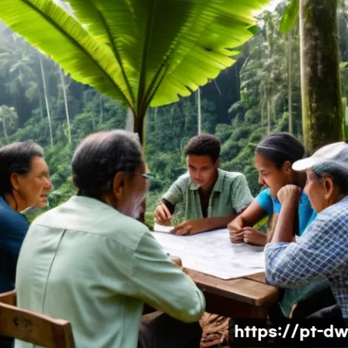 Home 28 자연보호구역 참여형 연구의 필요성 - A vibrant community meeting in a lush Brazilian rainforest village, with diverse local residents inc...