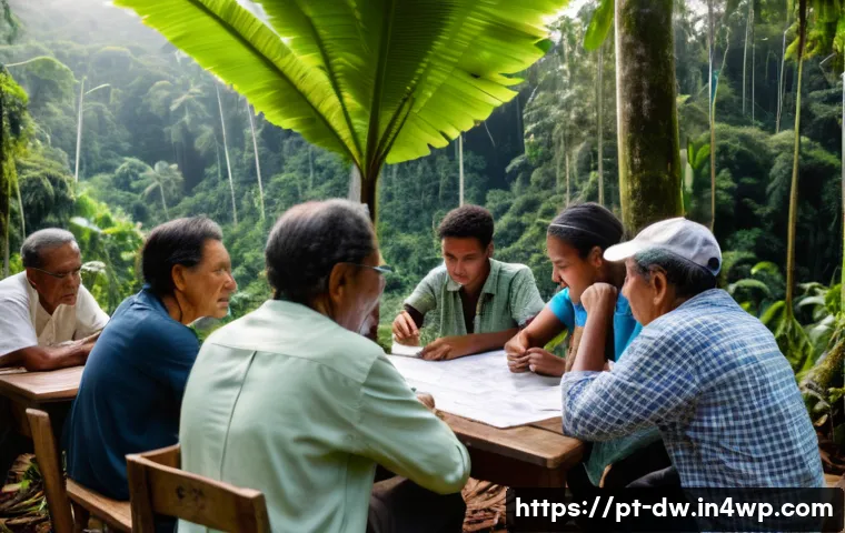 자연보호구역 참여형 연구의 필요성 - A vibrant community meeting in a lush Brazilian rainforest village, with diverse local residents inc...
