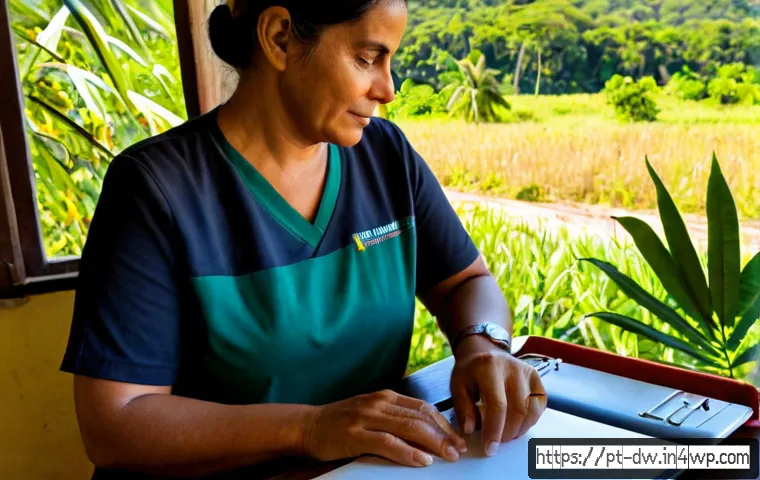 자연보호구역 보호를 위한 온라인 커뮤니티 활성화 - Photorealistic Brazilian coastal nature reserve volunteer working at a wooden desk, mature woman usi...