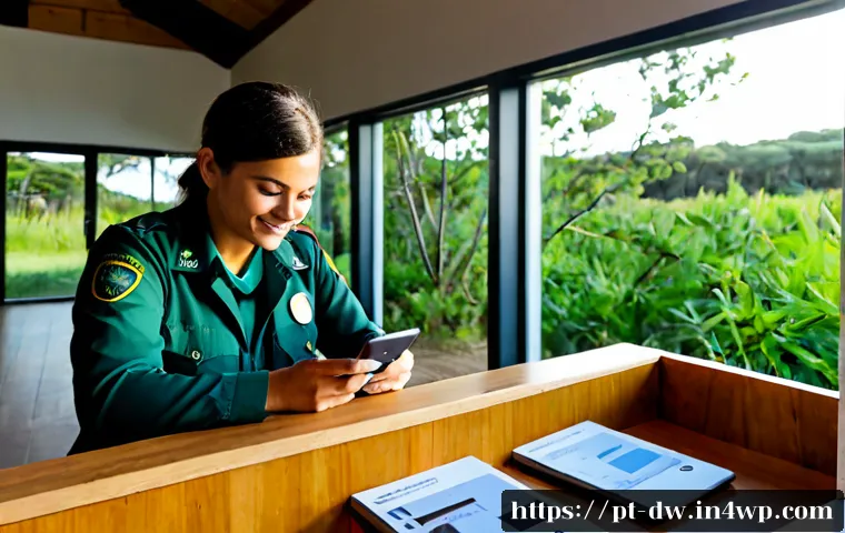 Home 30 자연보호구역 모니터링 프로그램 참여 방법 - Photorealistic scene in a Portuguese coastal nature reserve visitor center, a friendly park ranger a...